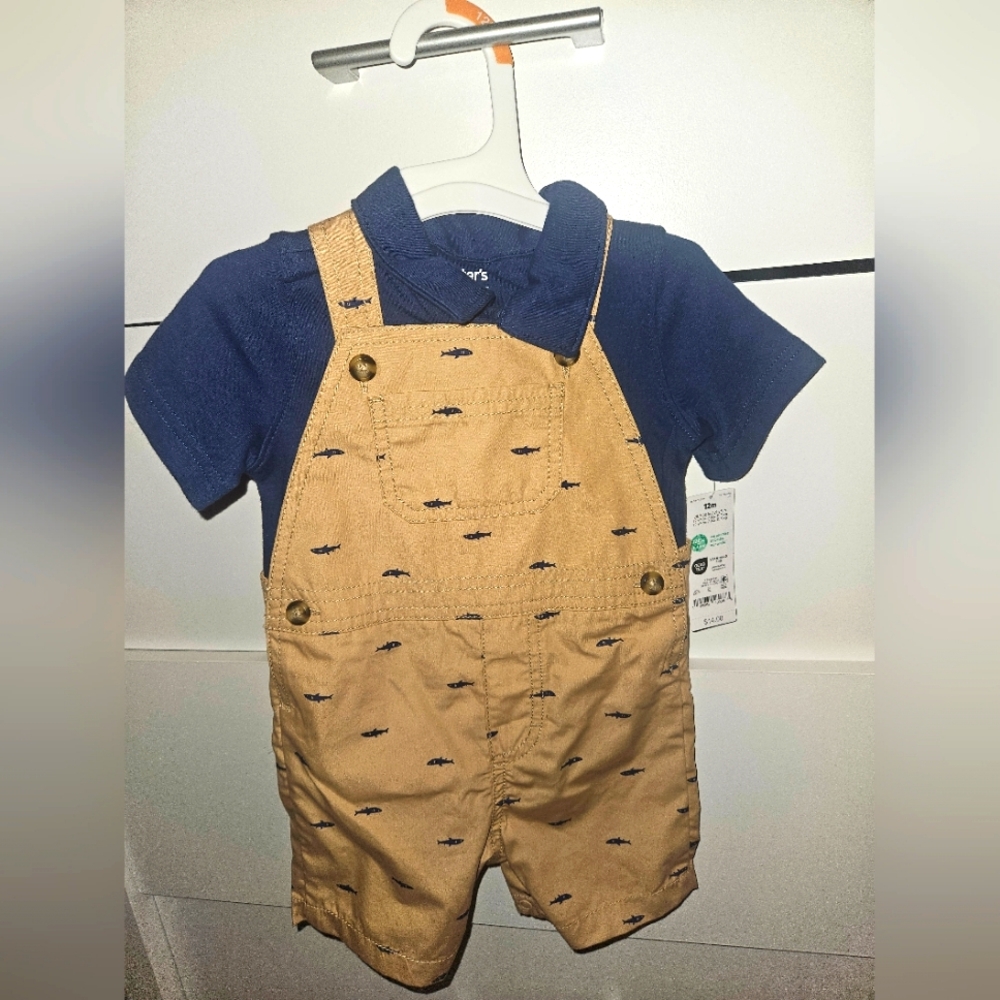 Kids Tan Overalls with Navy Shirt